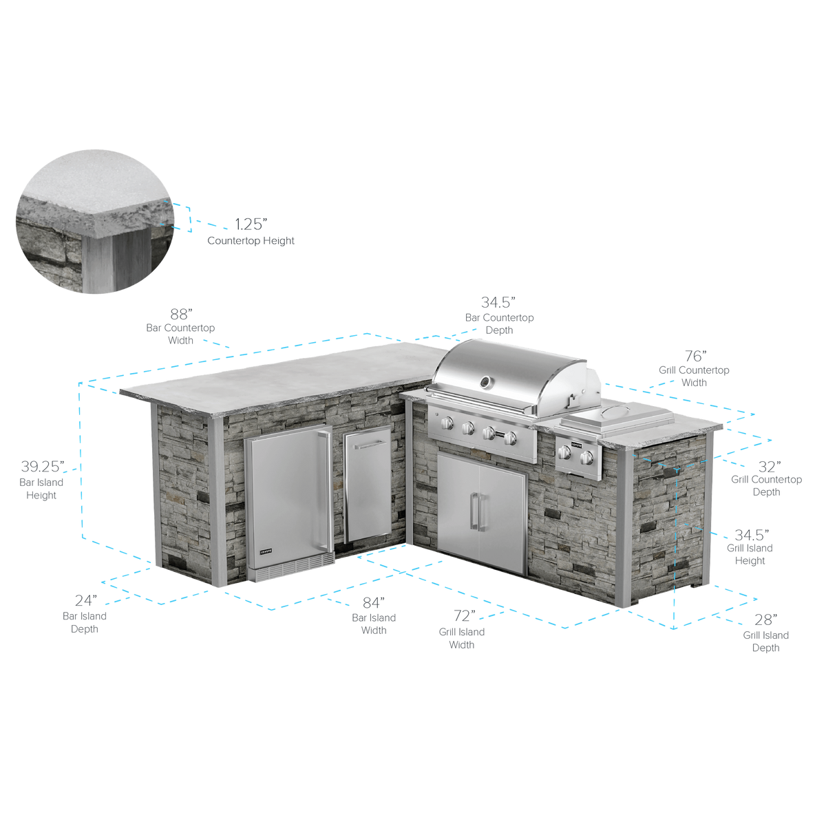 RTA Outdoor Living G6 L-Shape Outdoor Kitchen Island with Coyote Grill, Side Burner, Refrigeration Bar and Waste Bin - spe...