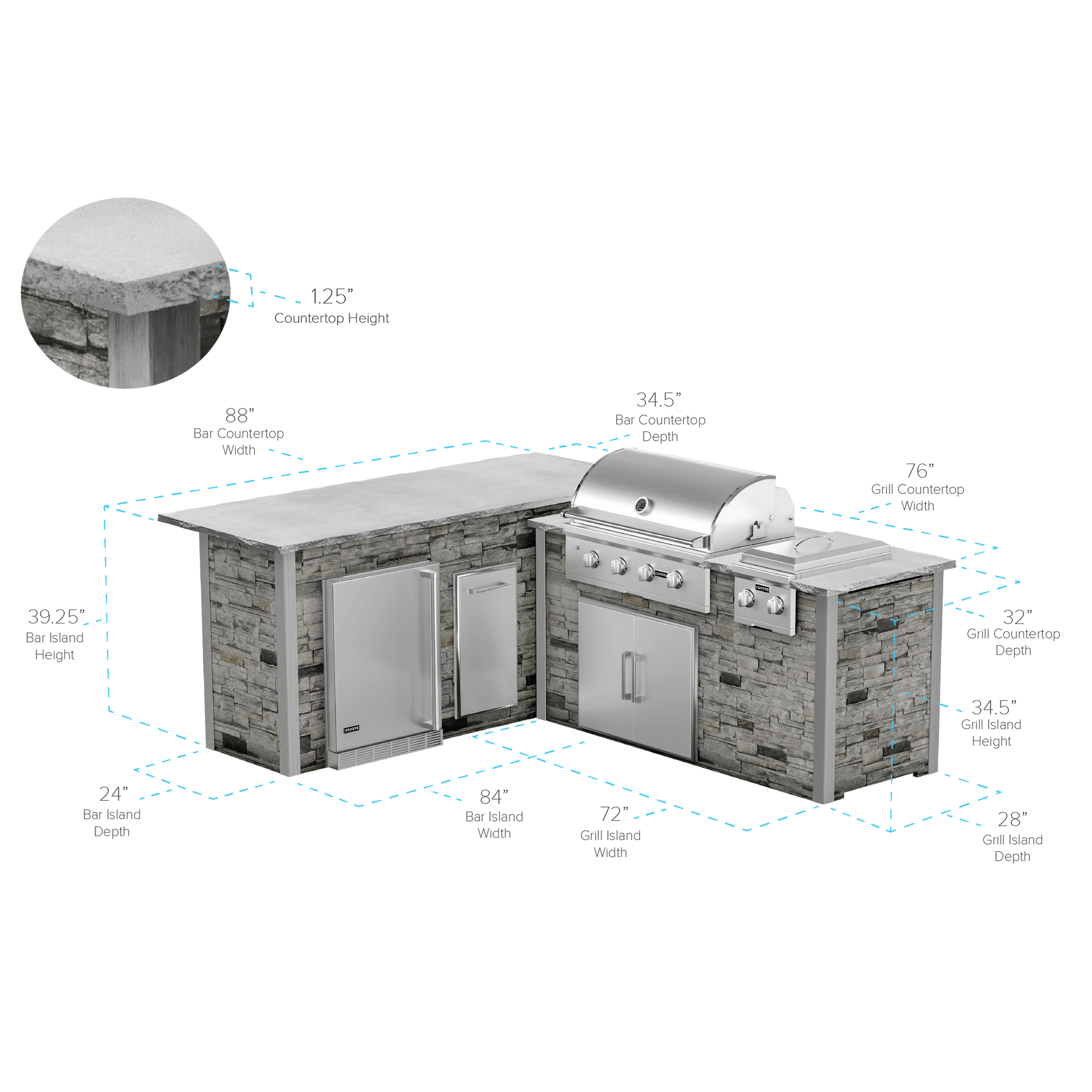 RTA Outdoor Living G6 L-Shape Outdoor Kitchen Island with Coyote Grill, Side Burner, Refrigeration Bar and Waste Bin - spe...