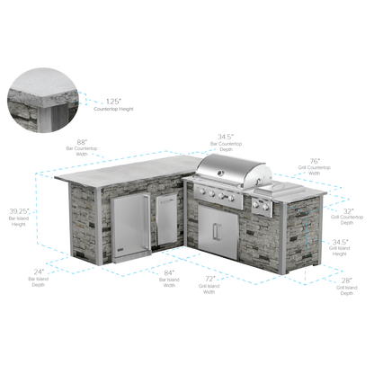 RTA Outdoor Living G6 L-Shape Outdoor Kitchen Island with Coyote Grill, Side Burner, Refrigeration Bar and Waste Bin - spe...