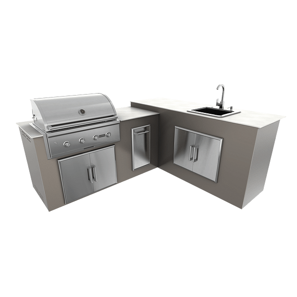 RTA Outdoor Living M6 L-Shape Island with Waste Bin With Sink Bar Island - Nordic Gray finish, double door cabinet