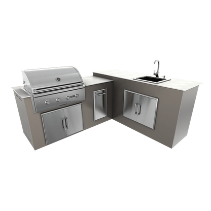 RTA Outdoor Living M6 L-Shape Island with Waste Bin With Sink Bar Island - Nordic Gray finish, double door cabinet