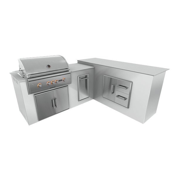 RTA Outdoor Living M6 L-Shape Island with Waste Bin With Storage Bar Island - Pure White finish, double door cabinet