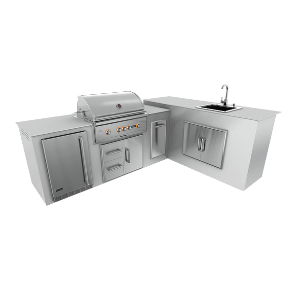 RTA Outdoor Living M7 L-Shape Refrigeration Island With Sink Bar Island - Pure White finish, drawer door cabinet
