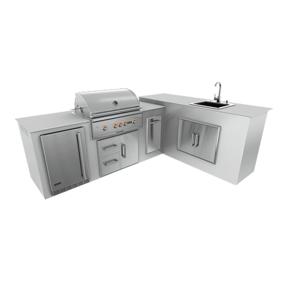 RTA Outdoor Living M7 L-Shape Refrigeration Island With Sink Bar Island - Pure White finish, drawer door cabinet