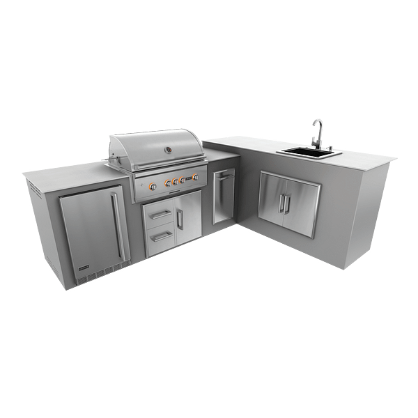 RTA Outdoor Living M7 L-Shape Refrigeration Island With Sink Bar Island - Steel Gray finish, drawer door cabinet