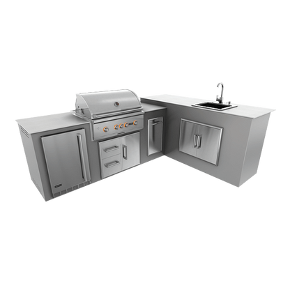 RTA Outdoor Living M7 L-Shape Refrigeration Island With Sink Bar Island - Steel Gray finish, drawer door cabinet