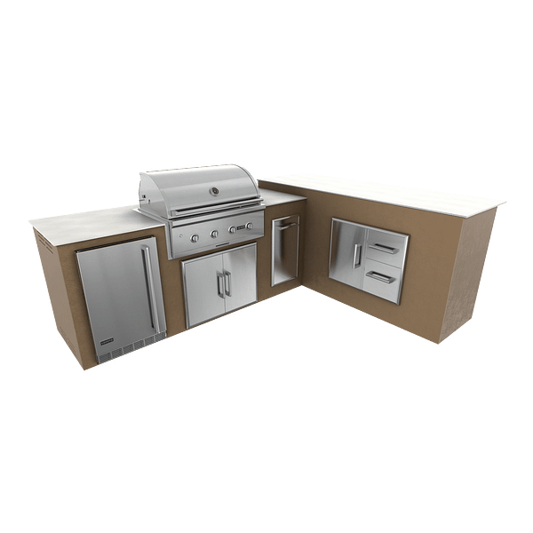 RTA Outdoor Living M7 L-Shape Refrigeration Island With Storage Bar Island - Rubbed Bronze finish, double door cabinet