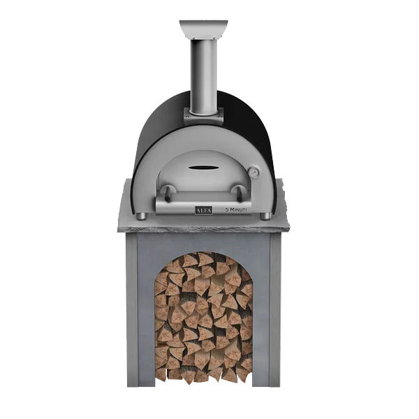 RTA Outdoor Living Wood Fired Pizza Oven Stand with Alfa Minuti Pizza Oven - Modern Concrete Gray finish, front angle view