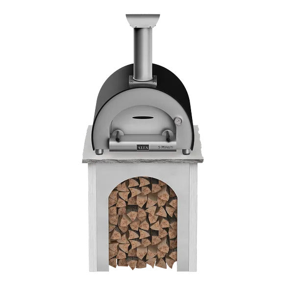 RTA Outdoor Living Wood Fired Pizza Oven Stand with Alfa Minuti Pizza Oven - Modern Concrete White finish, front angle view