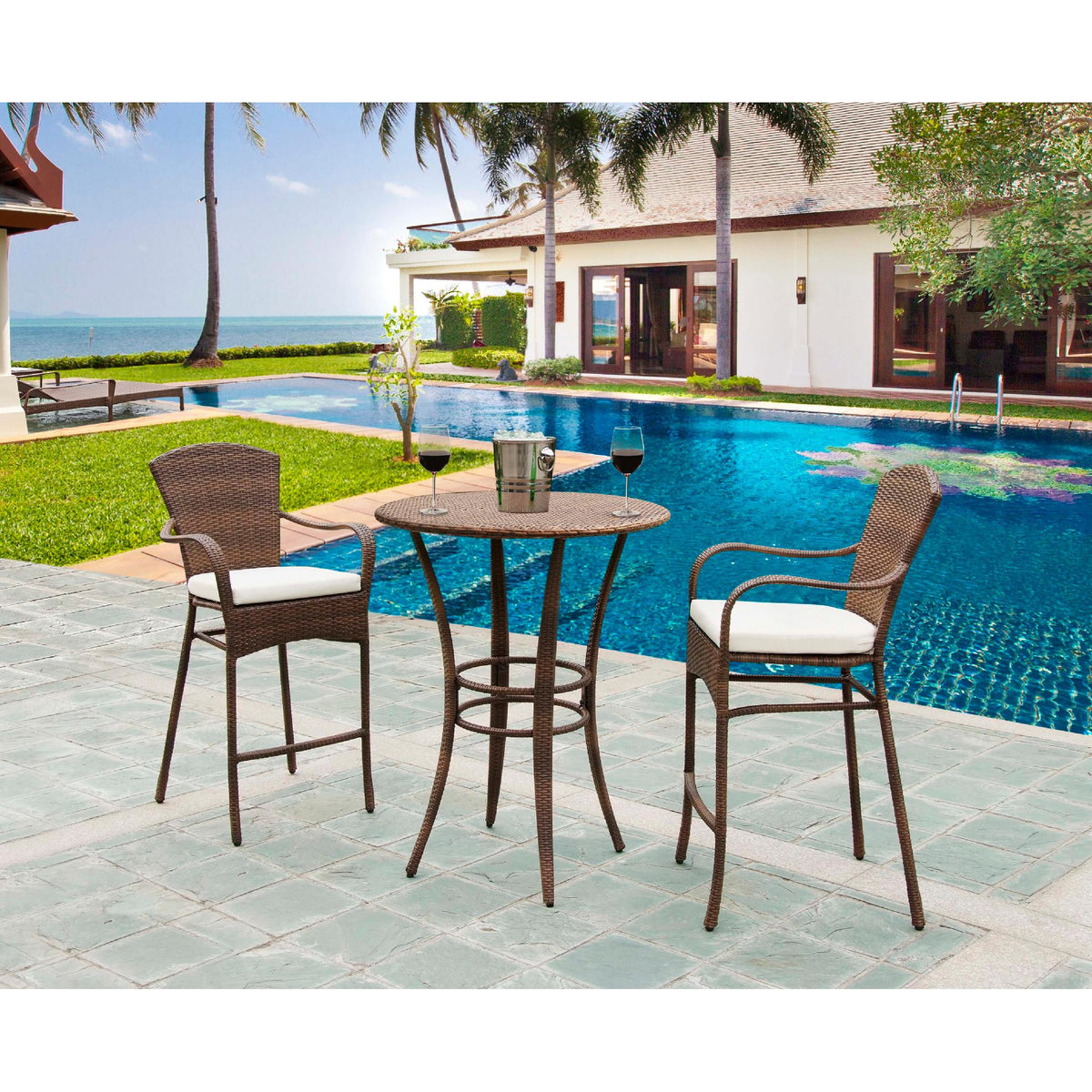 Panama Jack Key Biscayne 3 piece Pub Set with Cushions PJO-7001-ATQ-3PCP - BetterPatio.com