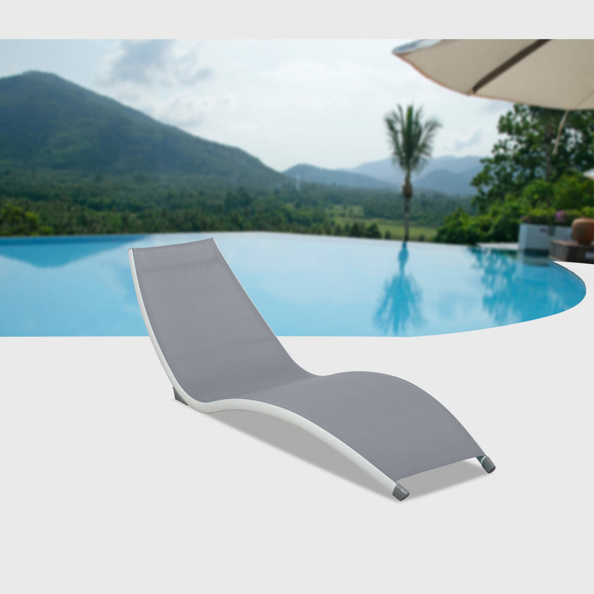 Hospitality Rattan Helix Set of 2 Stackable Grey Sling Chaise Lounge - grey sling outdoor chaise lounge