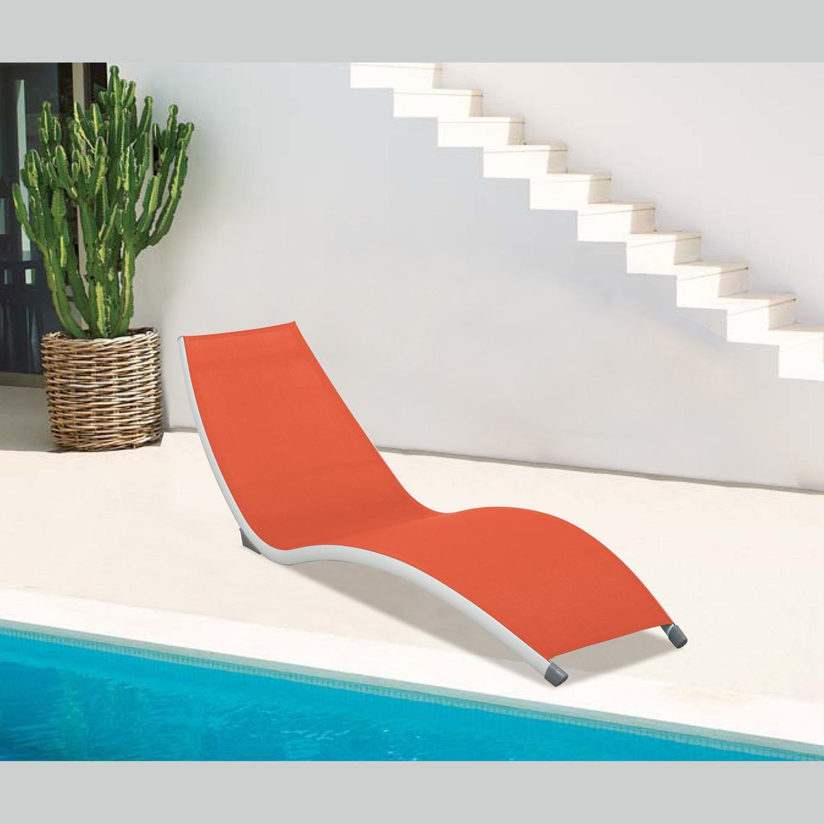 Hospitality Rattan Helix Set of 2 Stackable Orange Sling Chaise Lounge - orange sling outdoor chaise lounge