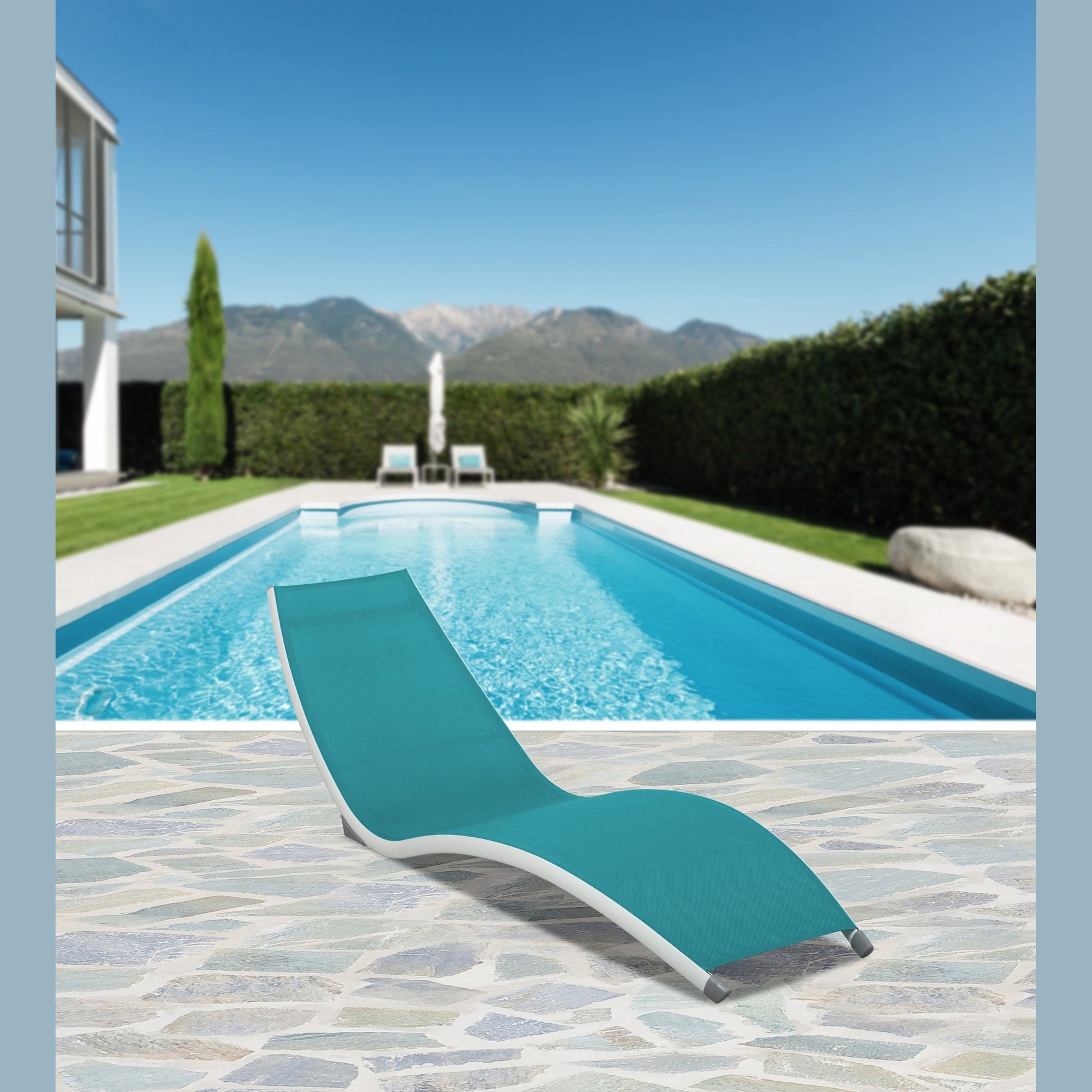 Hospitality Rattan Helix Set of 2 Stackable Teal Sling Chaise Lounge - teal sling outdoor chaise lounge