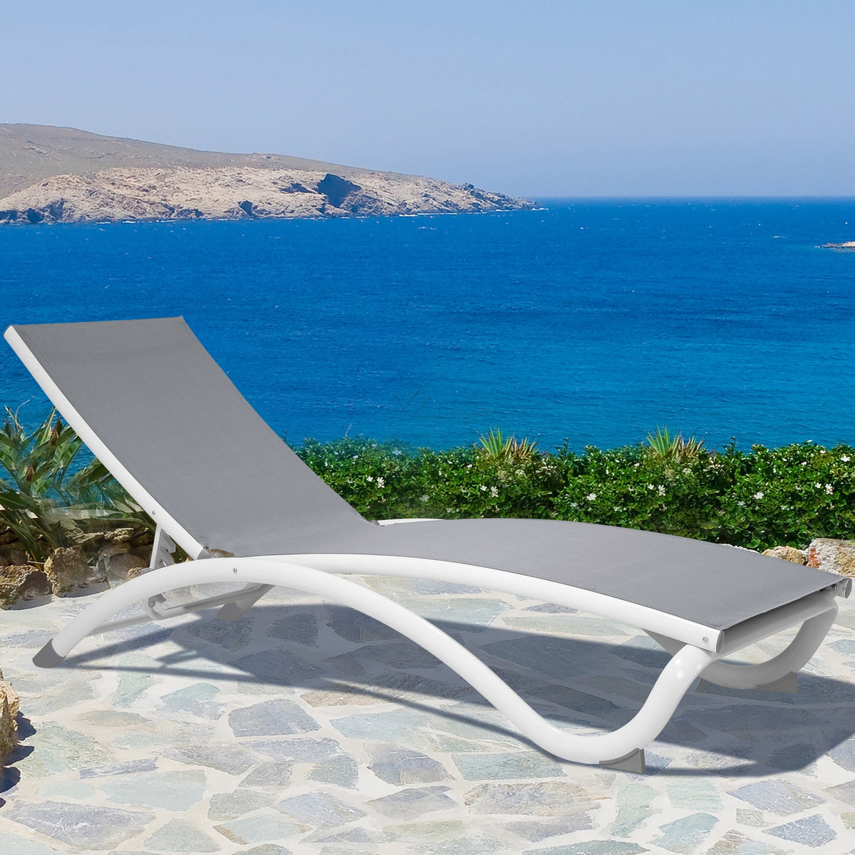 Hospitality Rattan Archway Set of 2 Stackable Grey Sling Chaise Lounge - grey sling outdoor chaise lounge