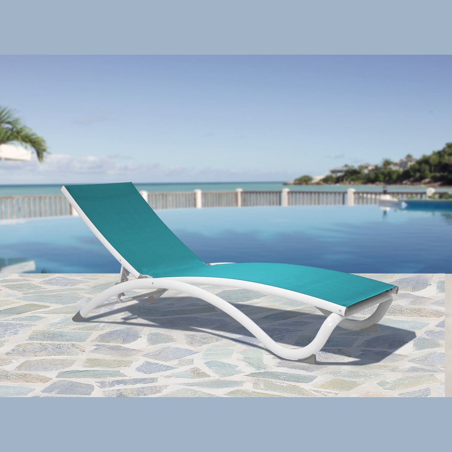 Hospitality Rattan Archway Set of 2 Stackable Teal Sling Chaise Lounge - teal sling outdoor chaise lounge