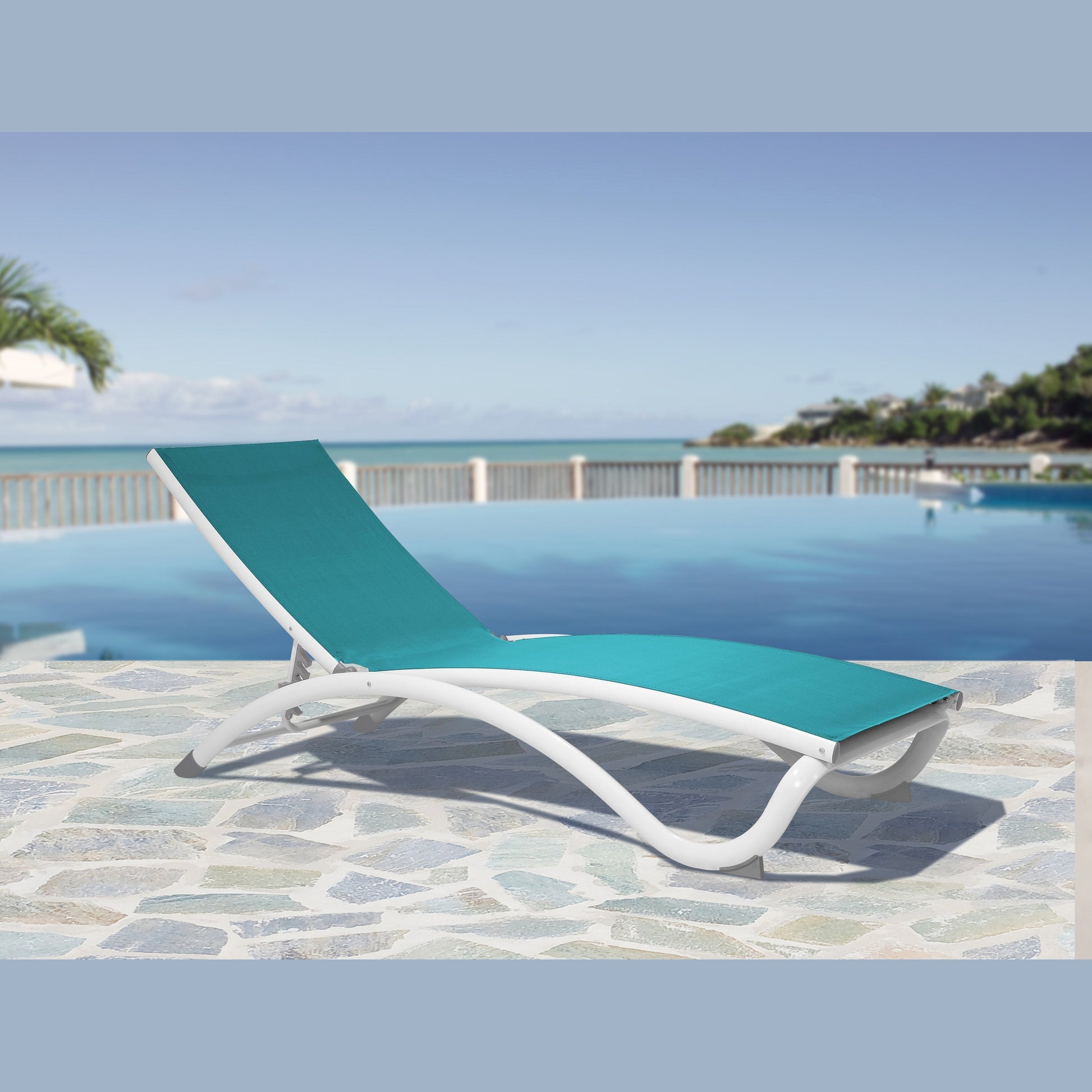 Hospitality Rattan Archway Set of 2 Stackable Teal Sling Chaise Lounge - teal sling outdoor chaise lounge