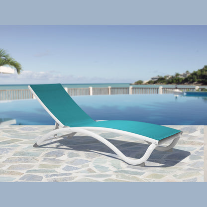 Hospitality Rattan Archway Set of 2 Stackable Teal Sling Chaise Lounge - teal sling outdoor chaise lounge