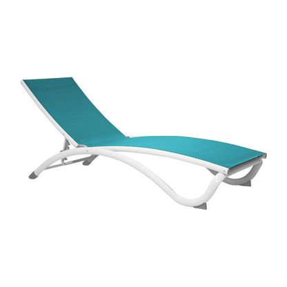 Hospitality Rattan Archway Set of 2 Stackable Teal Sling Chaise Lounge - teal chaise lounge detail view