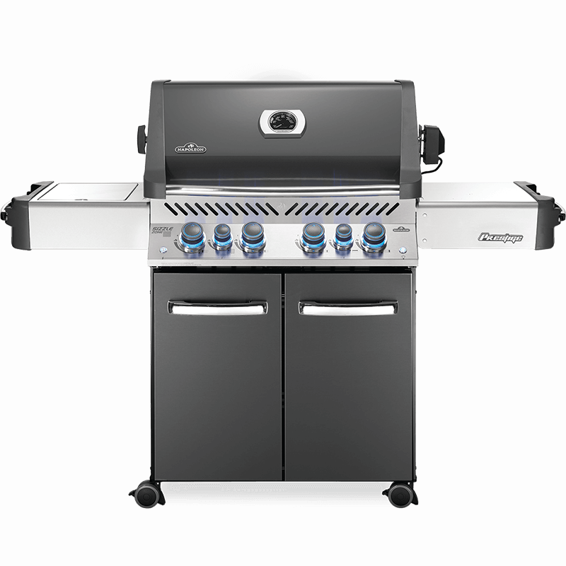 Napoleon Prestige 500 RSIB - Full grill view, charcoal finish, knobs on