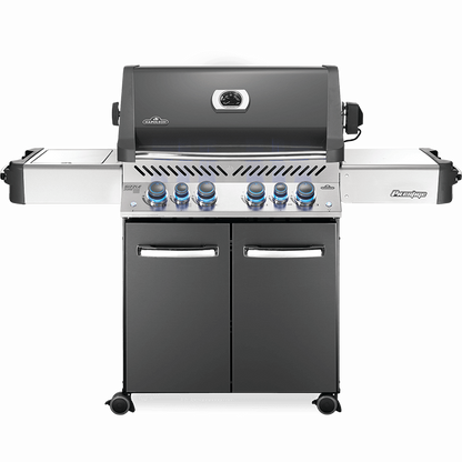Napoleon Prestige 500 RSIB - Full grill view, charcoal finish, knobs on
