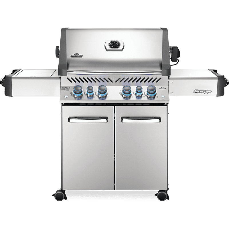 Napoleon Prestige 500 RSIB - Full grill view, stainless steel, knobs on