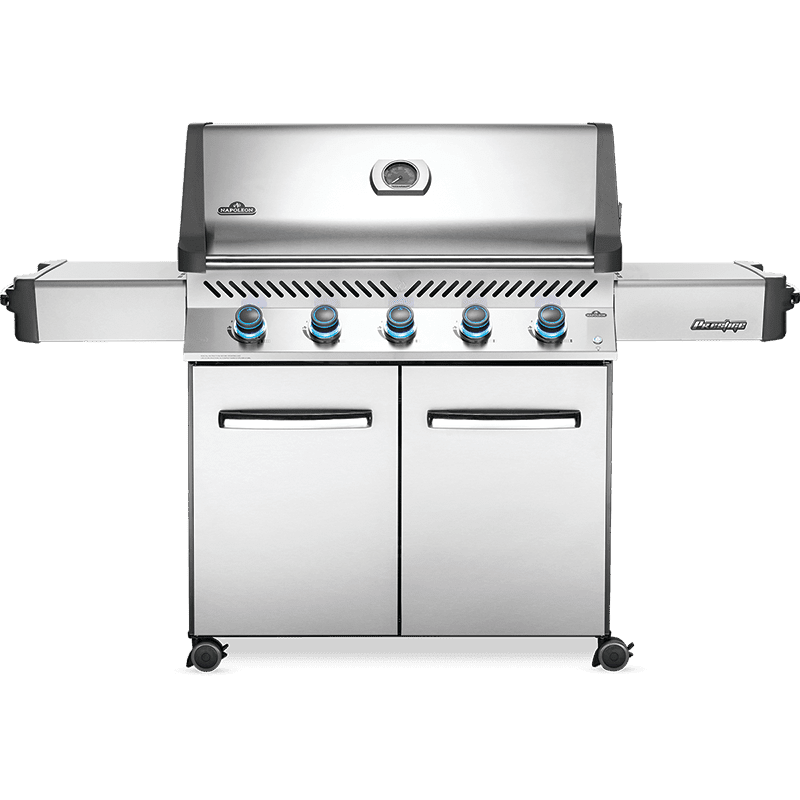 Napoleon Prestige 665 Gas Grill - Full grill view, stainless steel, knobs on
