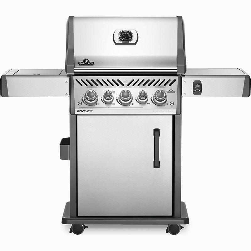 Napoleon Rogue SE 425 RSIB - Full grill view, stainless steel, knobs on