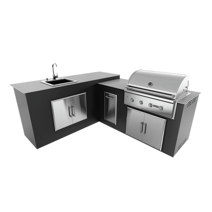 RTA Outdoor Living M6 L-Shape Island with Waste Bin With Sink Bar Island - Jet Black finish, double door cabinet