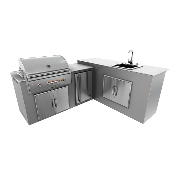 RTA Outdoor Living M6 L-Shape Refrigeration Island With Sink Bar Island - Stainless Steel finish, double door cabinet