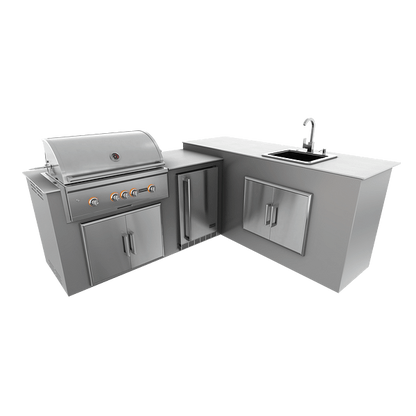 RTA Outdoor Living M6 L-Shape Refrigeration Island With Sink Bar Island - Stainless Steel finish, double door cabinet