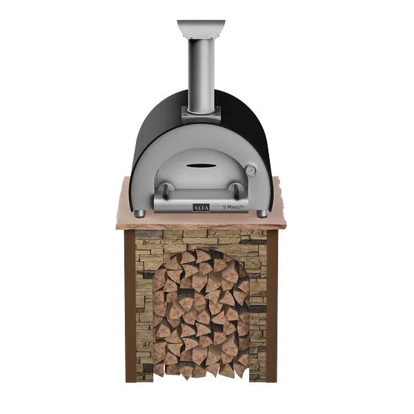 RTA Outdoor Living Wood Fired Pizza Oven Stand with Alfa Minuti Pizza Oven - Stacked Stone Brown finish, front angle view