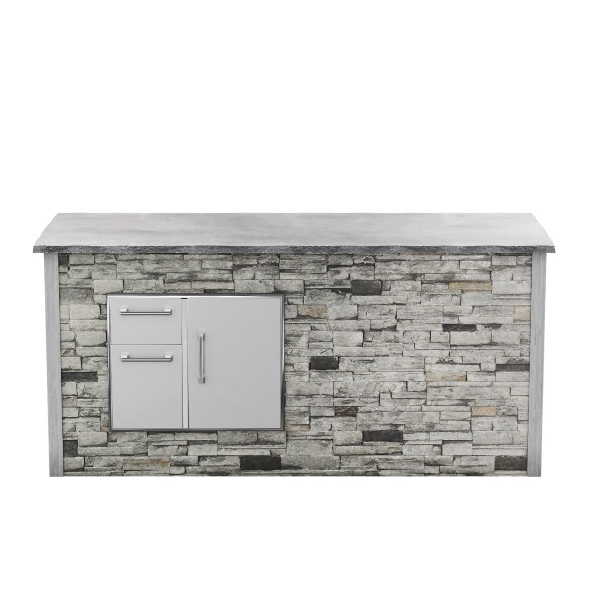 RTA Outdoor Living 7 Foot Storage Bar Island - Stacked Stone Gray finish, front angle view