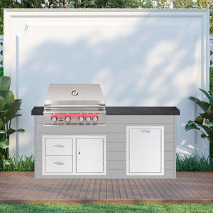 BetterPatio 6 Foot Luxury Outdoor Grill Island with 30 Inch TrueFlame Griddle, Fridge, Polished Black Granite Countertops