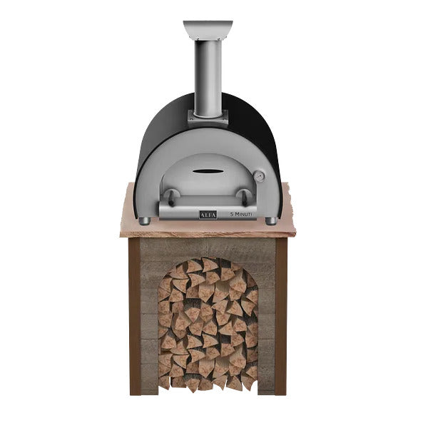 RTA Outdoor Living Wood Fired Pizza Oven Stand with Alfa Minuti Pizza Oven - Wood Weathered Brown finish, front angle view