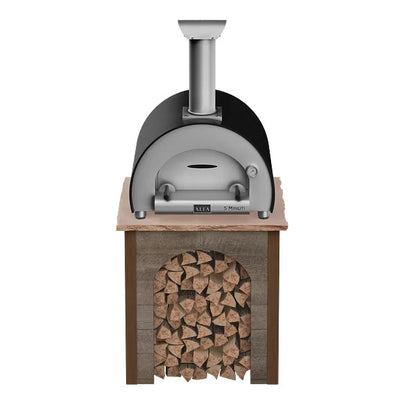 RTA Outdoor Living Wood Fired Pizza Oven Stand with Alfa Minuti Pizza Oven - Wood Weathered Brown finish, front angle view