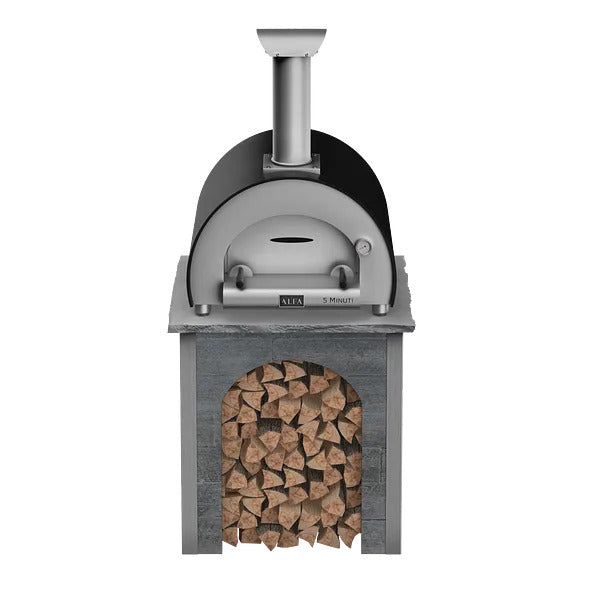 RTA Outdoor Living Wood Fired Pizza Oven Stand with Alfa Minuti Pizza Oven - Wood Weathered Gray finish, front angle view