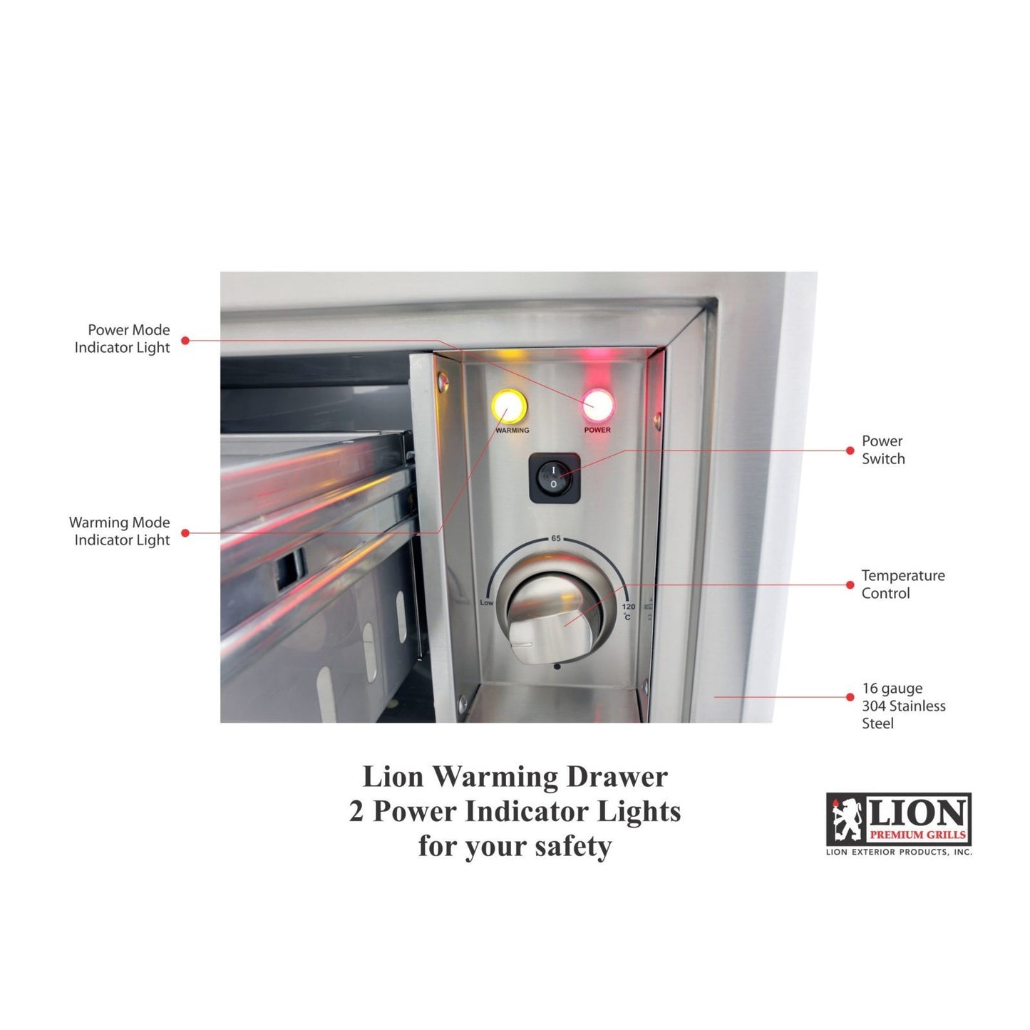 Lion Premium Grills Warming Drawer - detail view of stainless warming drawer
