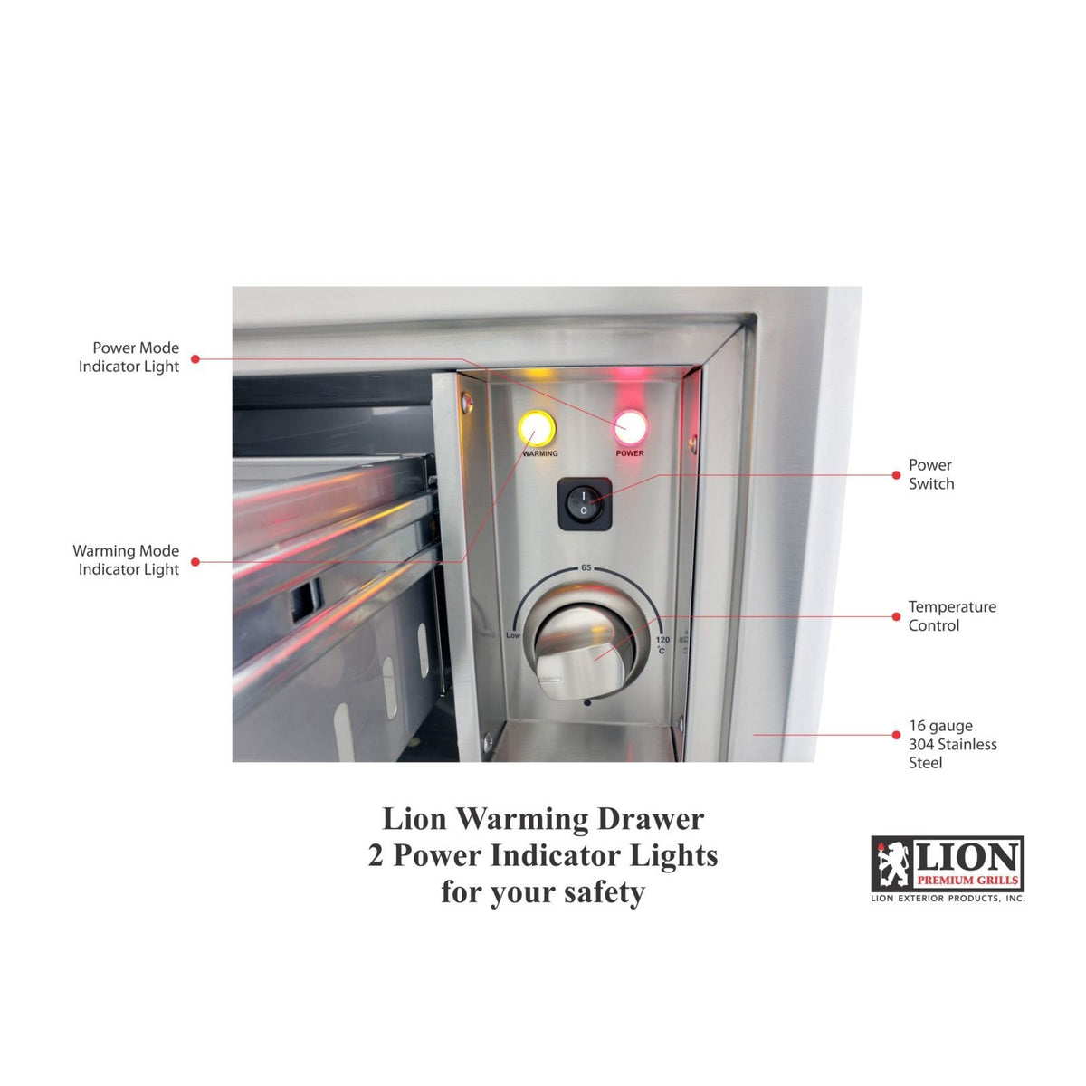 Lion Premium Grills Warming Drawer - detail view of stainless warming drawer