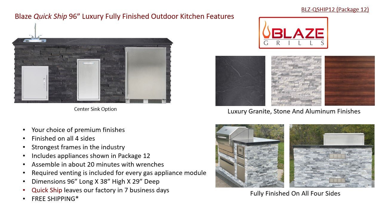 Big Ridge Outdoor KitchensBig Ridge Outdoor Kitchens 96 Inch Luxury Bar Island with Blaze Fridge, Appliances - PKG 12 BLZ-QSHIP12-L- BetterPatio.com