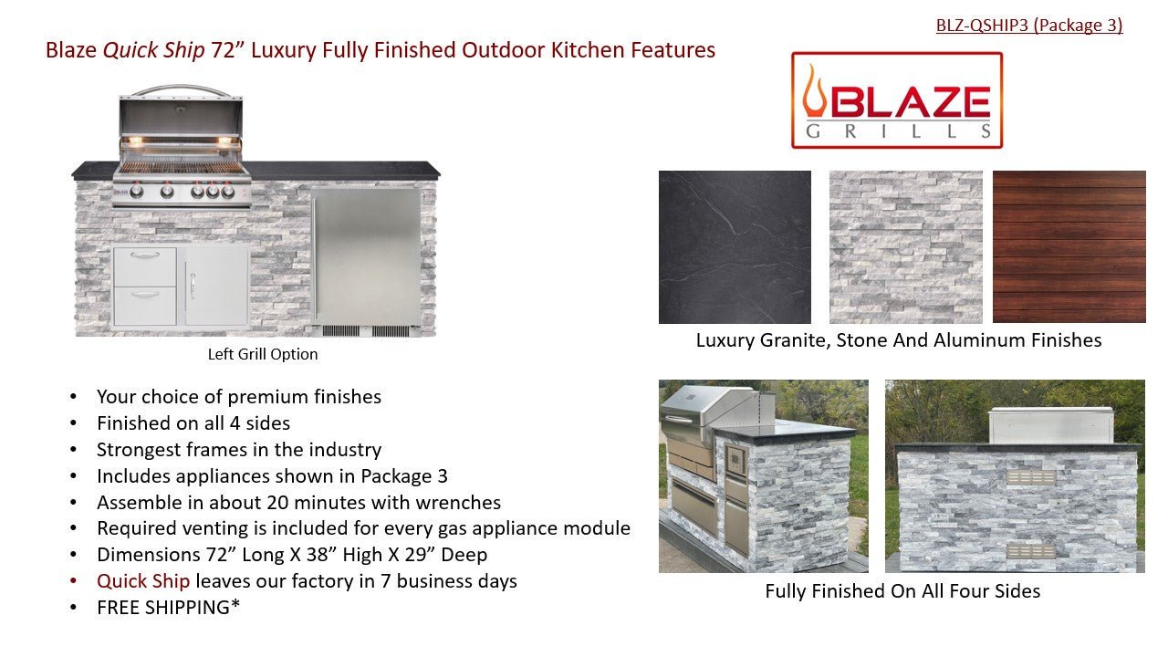 Big Ridge Outdoor KitchensBig Ridge Outdoor Kitchens Blaze Quick Ship 72 Inch Luxury Finished Outdoor Kitchen PKG 3 BLZ-QSHIP3-L- BetterPatio.com