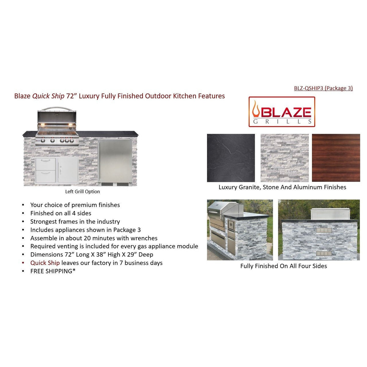 Big Ridge Outdoor KitchensBig Ridge Outdoor Kitchens Blaze Quick Ship 72 Inch Luxury Finished Outdoor Kitchen PKG 3 BLZ-QSHIP3-L- BetterPatio.com