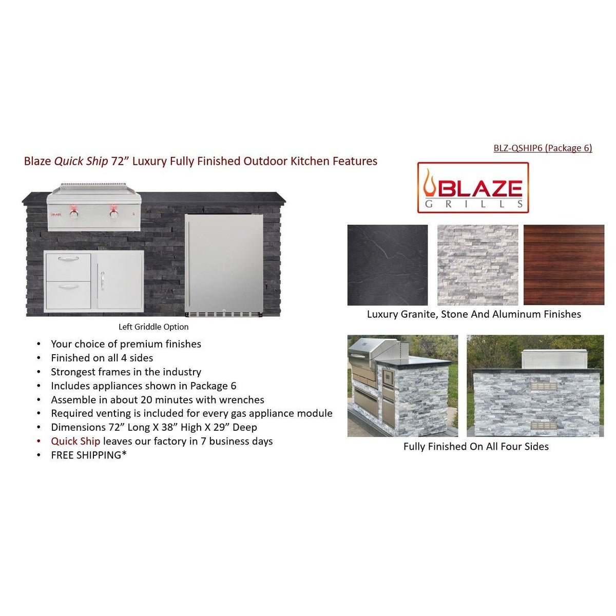 6 Foot Quick Ship Luxury Outdoor Kitchen with Blaze Griddle, Fridge  // BetterPatio.com