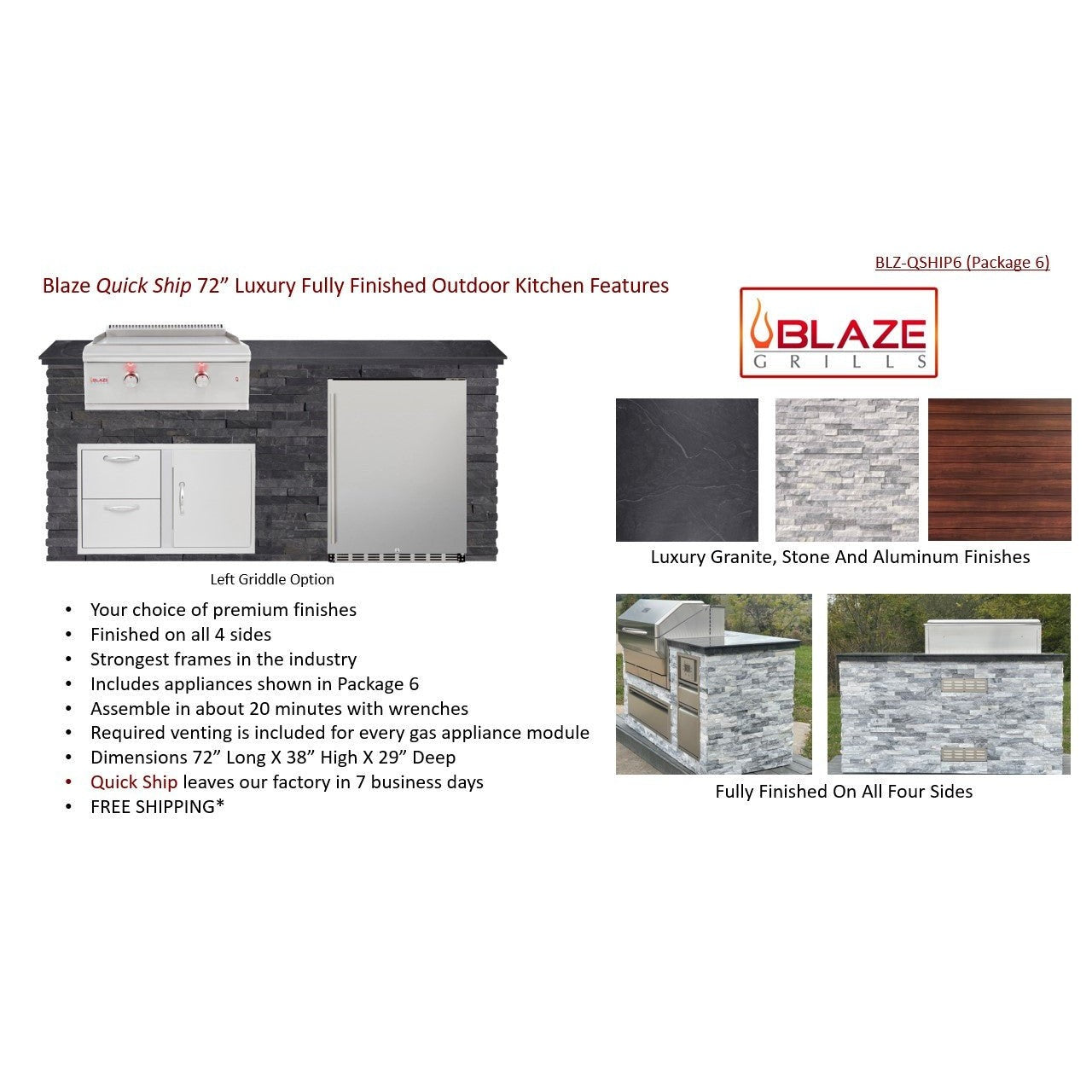6 Foot Quick Ship Luxury Outdoor Kitchen with Blaze Griddle, Fridge  // BetterPatio.com