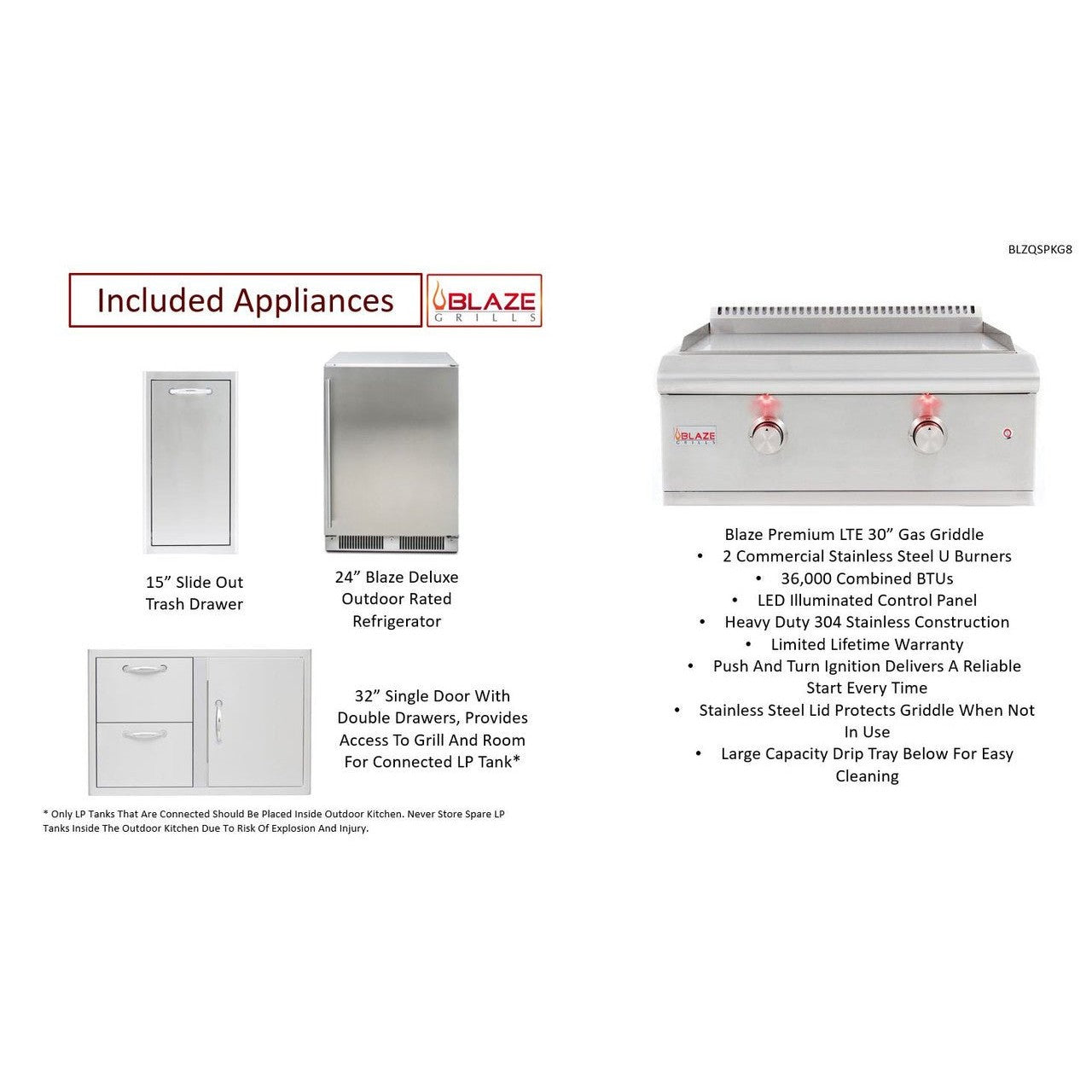 8 Foot Quick Ship Luxury Outdoor Kitchen with Blaze Griddle, Fridge // BetterPatio.com