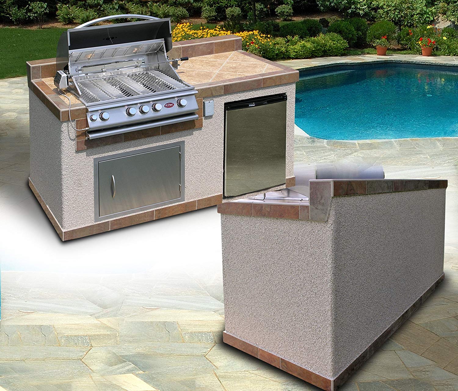 Cal FlameCal Flame 6 Foot BBQ Island with 4-Burner Built in Grill, 27" Stainless Steel Door, Refrigerator with Two Tone Tile and Ameristucco Base e6004 e6004- BetterPatio.com
