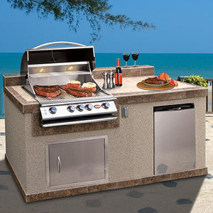Cal FlameCal Flame 6 Foot BBQ Island with 4-Burner Built in Grill, 27" Stainless Steel Door, Refrigerator with Two Tone Tile and Ameristucco Base e6004 e6004- BetterPatio.com