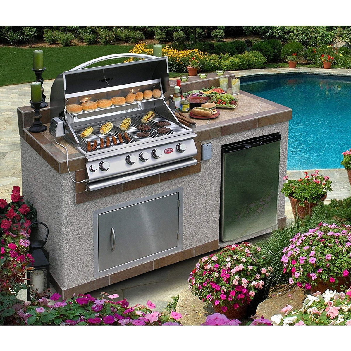 Cal FlameCal Flame 6 Foot BBQ Island with 4-Burner Built in Grill, 27&quot; Stainless Steel Door, Refrigerator with Two Tone Tile and Ameristucco Base e6004 e6004- BetterPatio.com