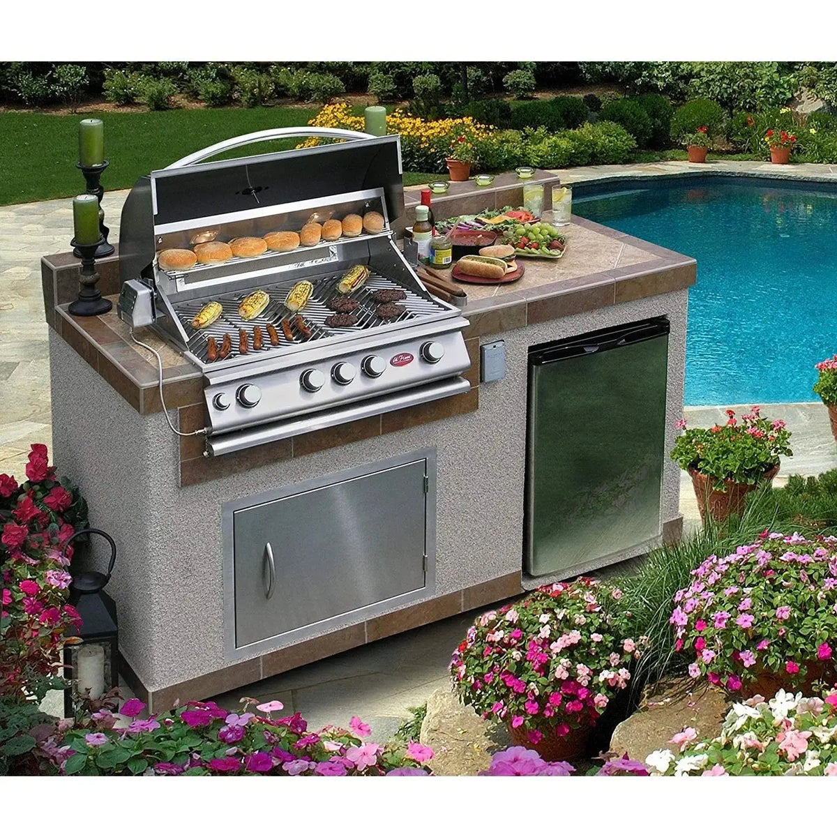 Cal FlameCal Flame 6 Foot BBQ Island with 4-Burner Built in Grill, 27" Stainless Steel Door, Refrigerator with Two Tone Tile and Ameristucco Base e6004 e6004- BetterPatio.com