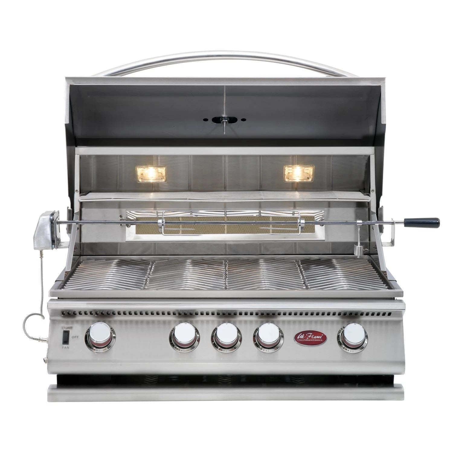 Cal Flame 7 foot BBQ Grill Island with 4-Burner Gas Grill, Rotisserie Kit, Fridge, Side Burner // BetterPatio.com