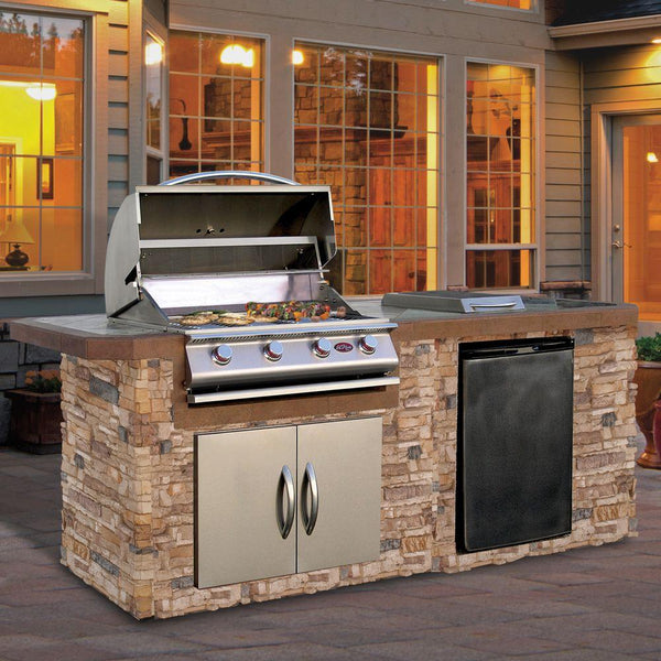 Cal Flame 7 foot BBQ Grill Island with 4 Burner Gas Grill Rotisserie Kit Fridge Side Burner BetterPatio